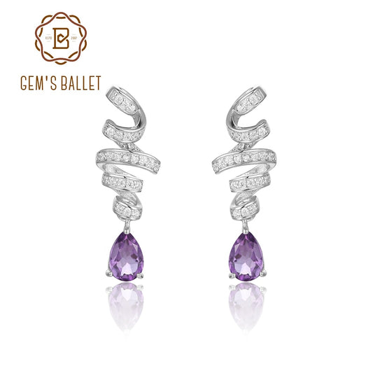 GEM&#39;S BALLET Ribbon Swirl Earrings 5x7mm Pear Shape Natural Amethyst Gemstone Drop Earrings in 925 Stering SIlver Gift For Her
