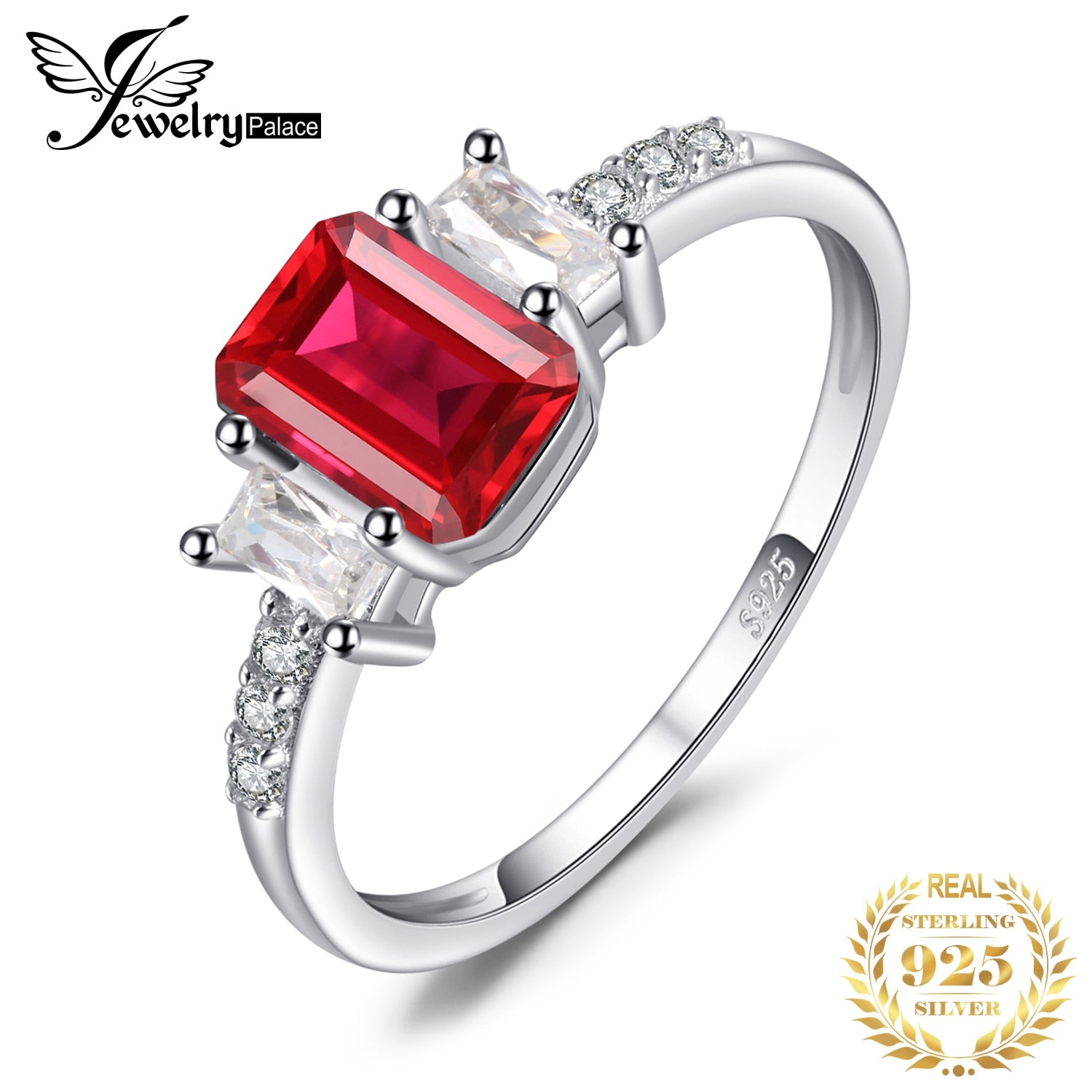 JewelryPalace 4.1ct Emerald Cut Created Ruby 925 Sterling Silver 3 Stone Ring for Women Fashion Gemstone Jewelry Birthday Gift