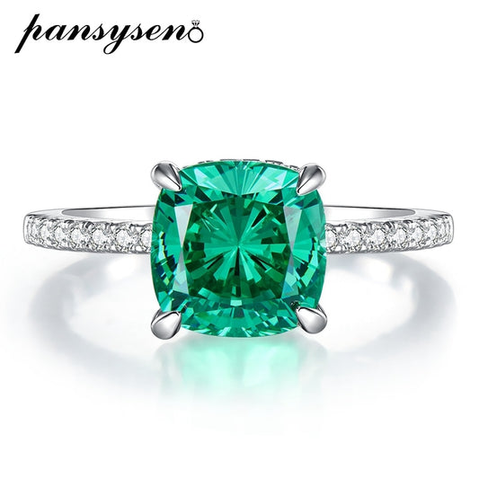 PANSYSEN Vintage Solid 925 Sterling Silver 9MM Green Paraiba Tourmalin High Carbon Diamond Ring for Women Fine Jewelry Green