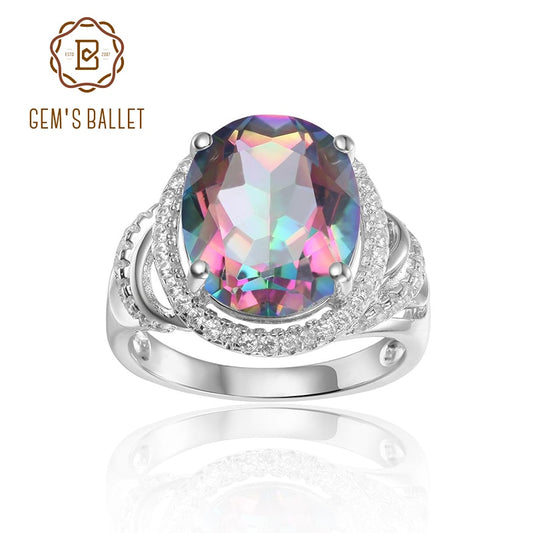 GEM&#39;S BALLET 4.36Ct 10x12mm Stunning Rainbow Mystic Topaz Birthstone Cocktail Rings in 925 Sterling Silver Gift For Her