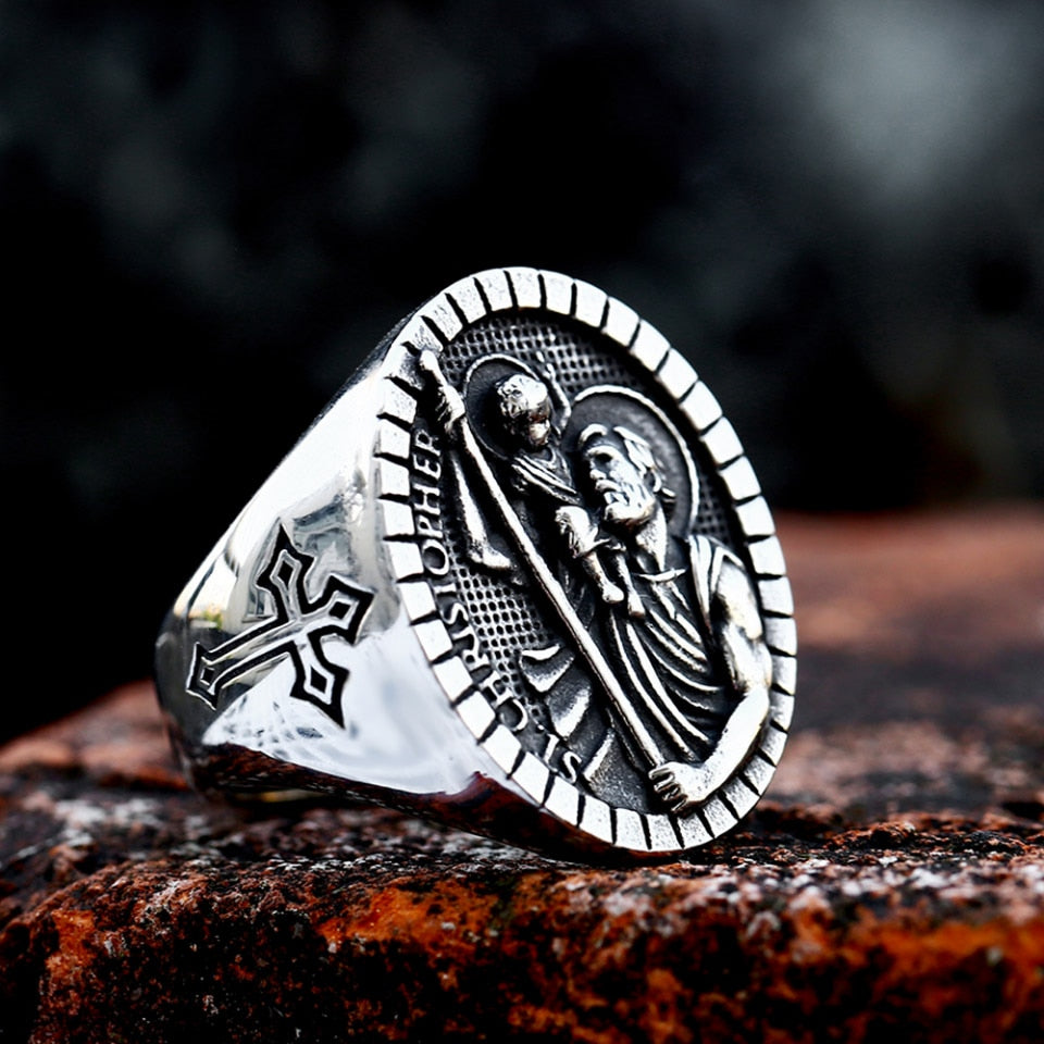 New Vintage St Christopher Cross Fingers Ring For Men 316L Stainless Steel Punk Biker Fashion Renaissance Jewelry Gift