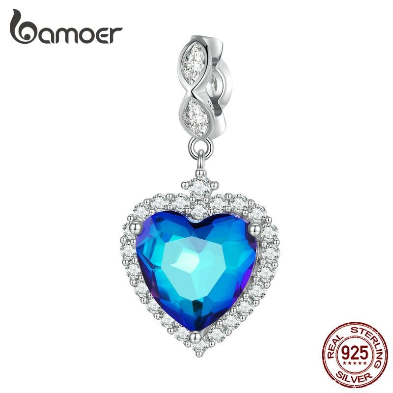 Bamoer 925 Sterling Silver Blue Heart of the Sea Hanging Bead Love Pendant Charms for Women Bracelet DIY Fine Jewelry BSC775 Default Title