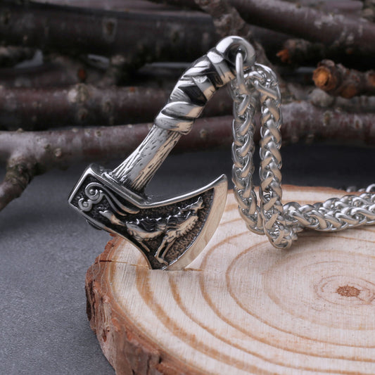 Viking Wolf and Crow Axe Pendant Retro Slavic Odin Amulet Men&#39;s Fashion Charm Stainless Steel Pendant Necklace Jewelry Gift