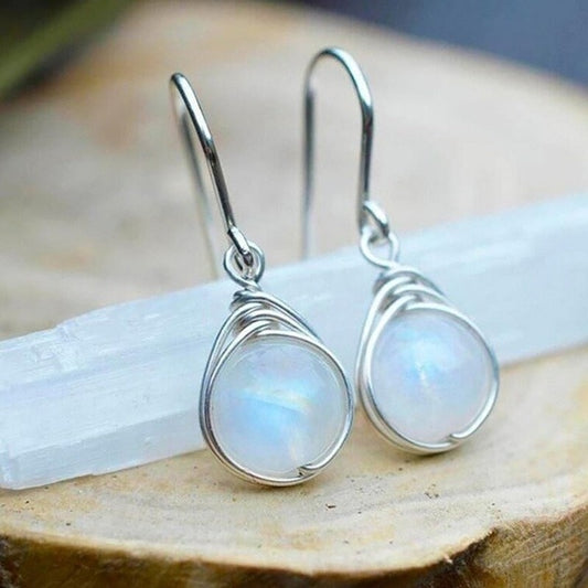 Exquisite Round Moonstone Hook Earrings Simple Fashion Metal Silver Color Engagement Wedding Dangle Earrings for Women Default Title