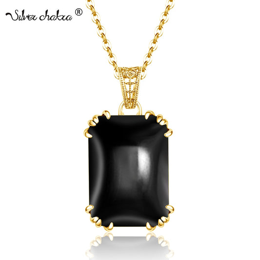 SILVERCHAKRA 585 14k Gold Color Necklaces Black Onyx Gemstones Pendant Necklace For Women 925 Sterling Silver Fine Jewelry