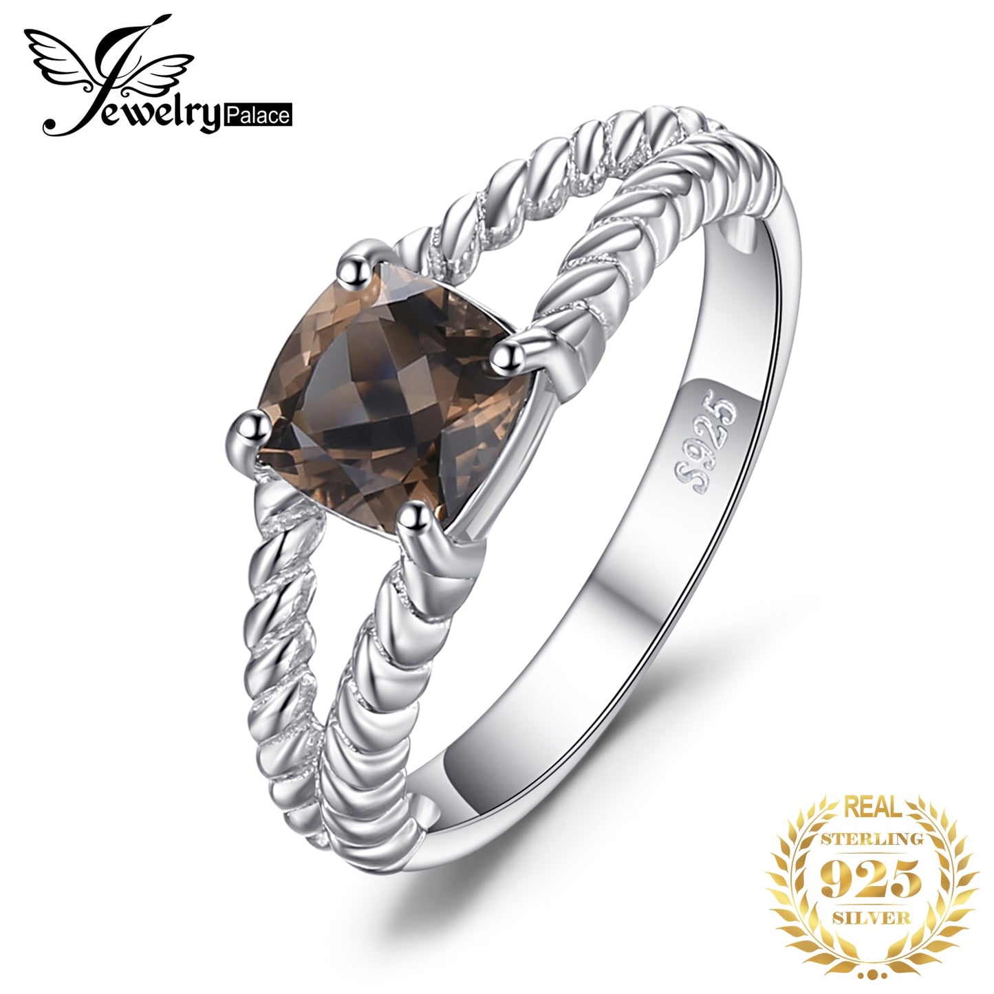 JewelryPalace Genuine Natural Smoky Quartz 925 Sterling Silver Rings for Women Rope Solitaire Gemstone Jewelry Engagement Band