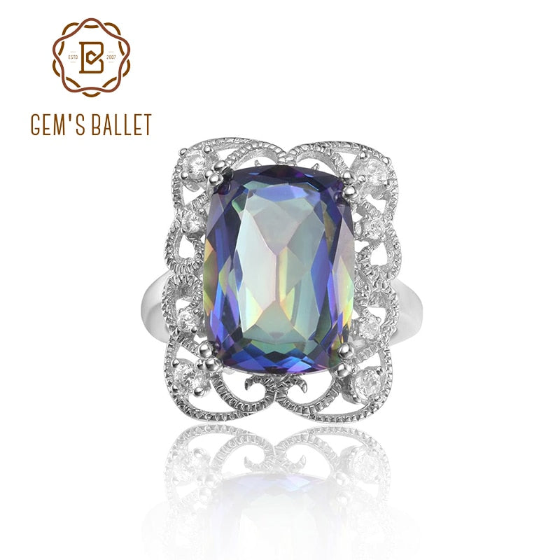 GEM&#39;S BALLET Flower Lace Cocktail Ring 9.66Ct 10x14mm Cushion Huge Mystic Topaz Statement Ring in Sterling Silver Gift For Her