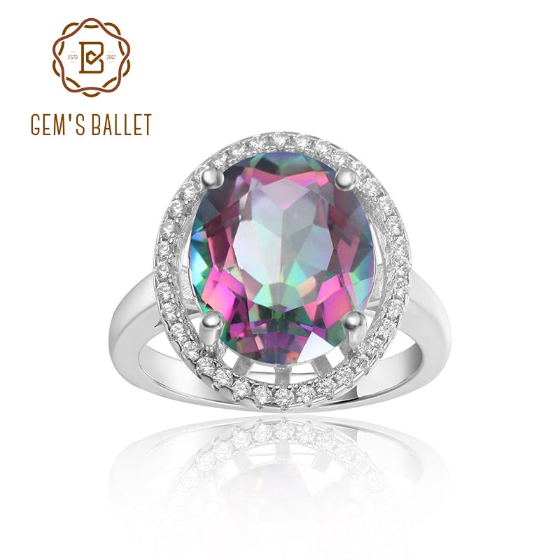 GEM&#39;S BALLET 925 Sterling Silver Birthstone Rings10x12mm Oval Rainbow Mystic Topaz Classic Statement Ring For Women Fine Jewelry