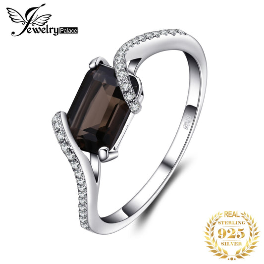 JewelryPalace 1.7ct Emerald Cut Genuine Smoky Quartz 925 Sterling Silver Ring for Woman Wedding Engagement Gemstone Jewelry
