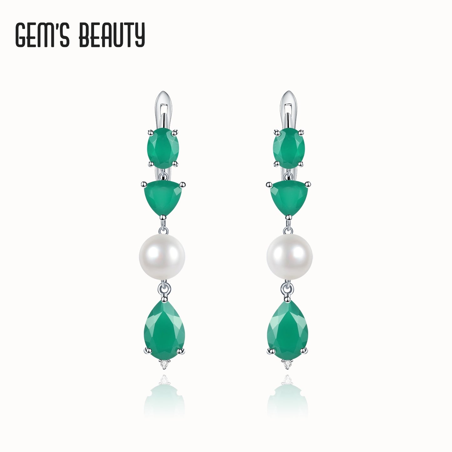 GEM'S BEAUTY 925 Sterling Silver Vintage Jewellery Stud Earrings For Women Natural Green Agate Fresh-water Pearl Stud Earrings