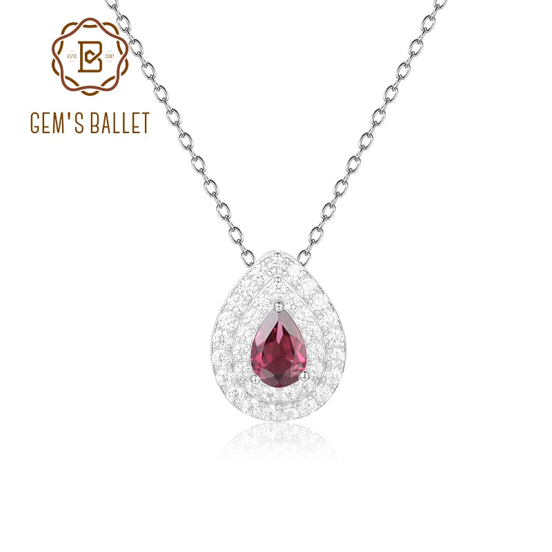 GEM&#39;S BALLET Dainty Gemstone Necklace 4x6mm Pear Shape Rhodolite Garnet Halo Solitarie Pendant Necklace in 925 Sterling Silver