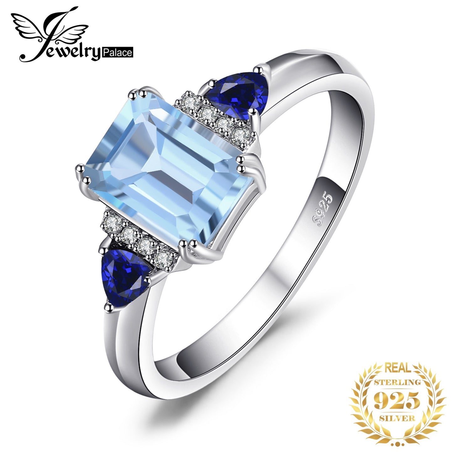 JewelryPalace 1.9ct Sky Blue Topaz Created Sapphire 925 Sterling Silver 3 Stone Ring for Woman Fashion Gemstone Jewelry Gift
