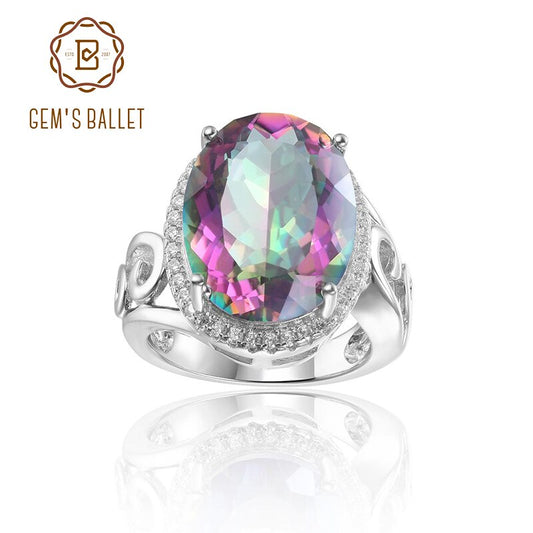 GEM&#39;S BALLET 9.10Carat 12x16mm Oval Rainbow Mystic Topaz Birthstone Cocktail Rings in 925 Sterling Silver For Women Jewelry