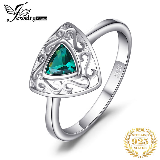 JewelryPalace Triangle Created Nano Emerald 925 Sterling Silver Cocktail Ring for Women Fashion Jewelry Wedding Engagement Gift