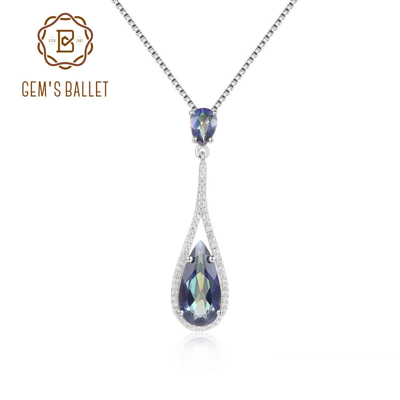 GEM&#39;S BALLET Round and Pear-Shaped Blueish Mystic Quartz Gemstone Halo Pendant Neckace in 925 Sterling Silver Gift For Her