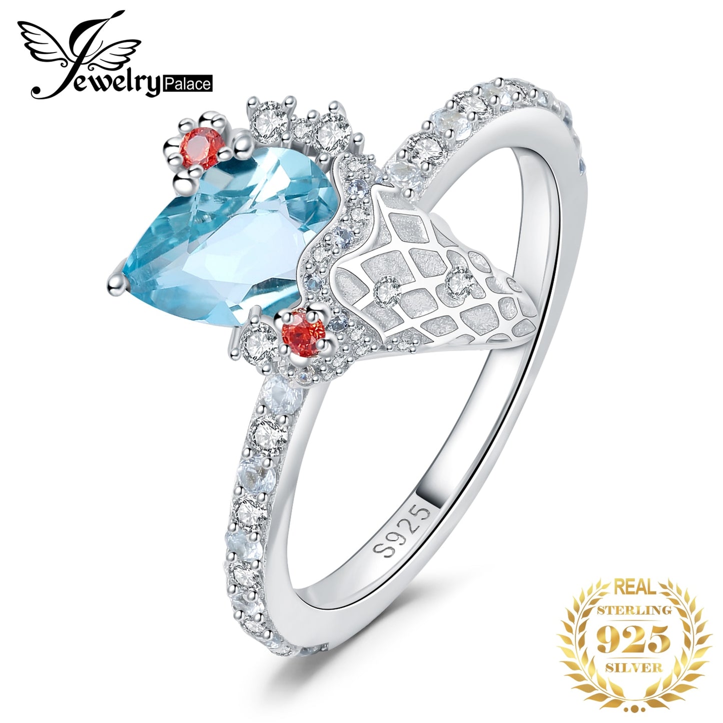 JewelryPalace New Arrival Cute Icecream 1.6ct Natural Sky Blue Topaz Red Garnet 925 Sterling Silver Ring for Woman Fashion Gift