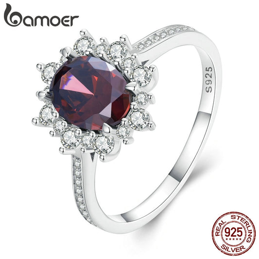 Bamoer 925 Sterling Silver Dark Red Zircon Wedding Ring for Women Wedding Engagement Anniversary Elegent Fine Jewelry BSR334 8