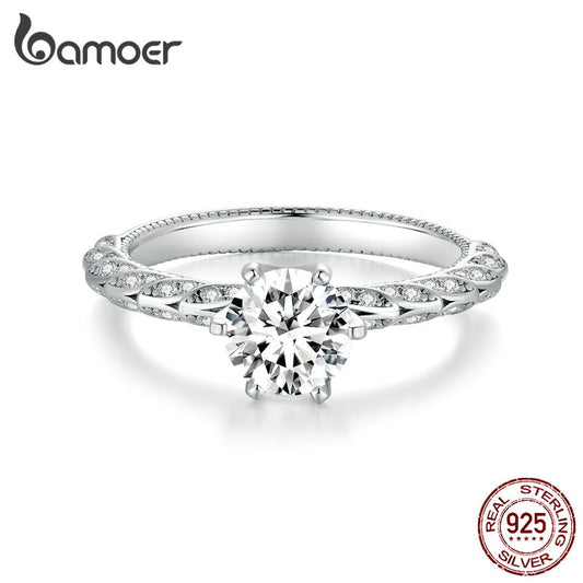 BAMOER 1.0CT D Color VVS1 EX Shining Moissanite Ring for Women Engagement Wedding Gift Pave Setting CZ 925 Sterling Silver Ring