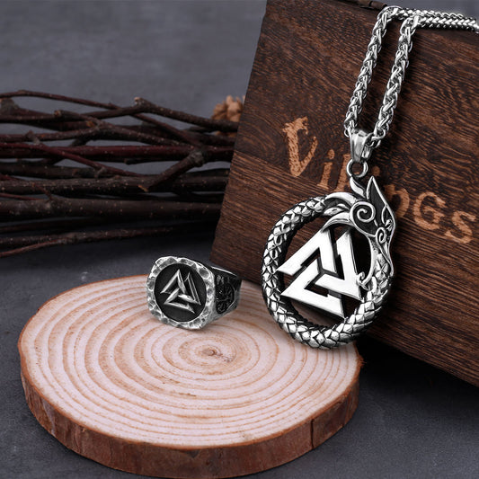 Vikings Never Fade Self-Devourer Ouroboros Valknut Rune Amulet Necklace Men's Dragon Stainless Steel Pendant Jewelry As Gift