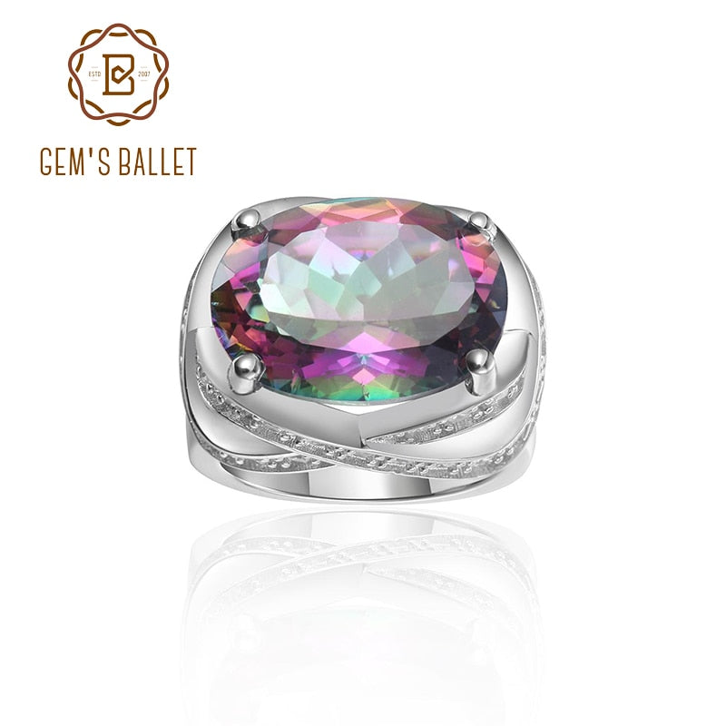 GEM'S BALLET November Birthstone 9.10Ct 12x16mm Oval Rainbow Mystic Topaz Gemstone Rings in 925 Sterling Silver Gift For Mom