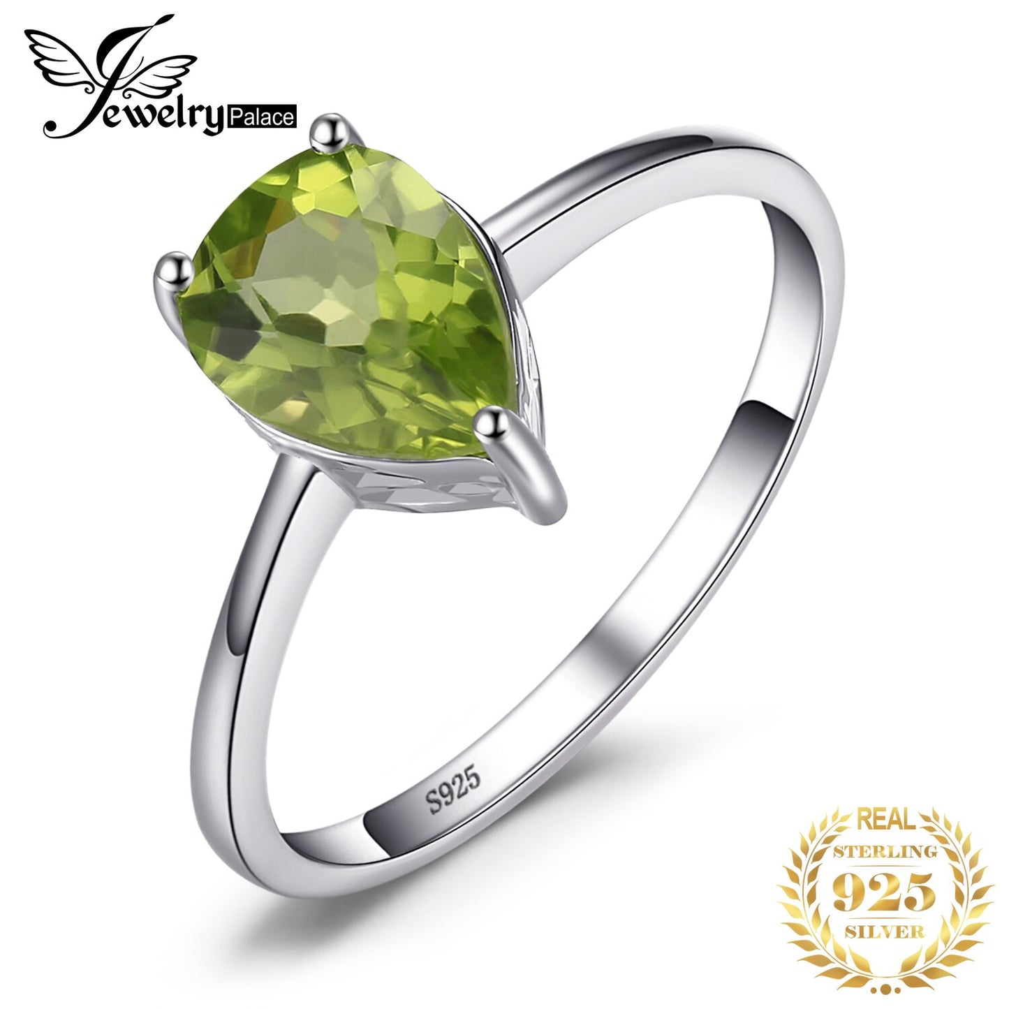 JewelryPalace Pear 1.3ct Natural Green Peridot 925 Sterling Silver Solitaire Ring for Woman Gemstone Jewelry Anniversary Gift