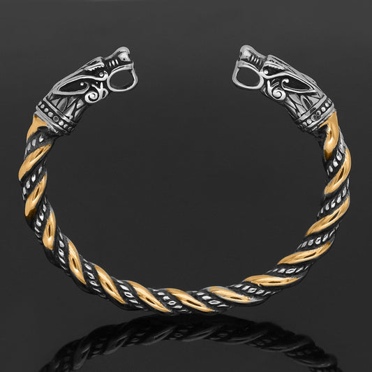 Norse Viking Wolf Head Bracelet Stainless Steel Opening Adjustable Wristband Cuff Snake Bangle for Men Fashion Jewelry