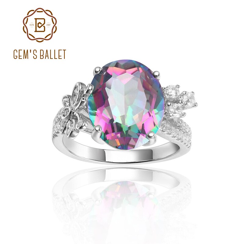 GEM&#39;S BALLET 4.36Ct 10x12mm Rainbow Mystic Topaz Gemstone Antique Art Rings in Sterling Silver with Laurel Leaves Gift For Her