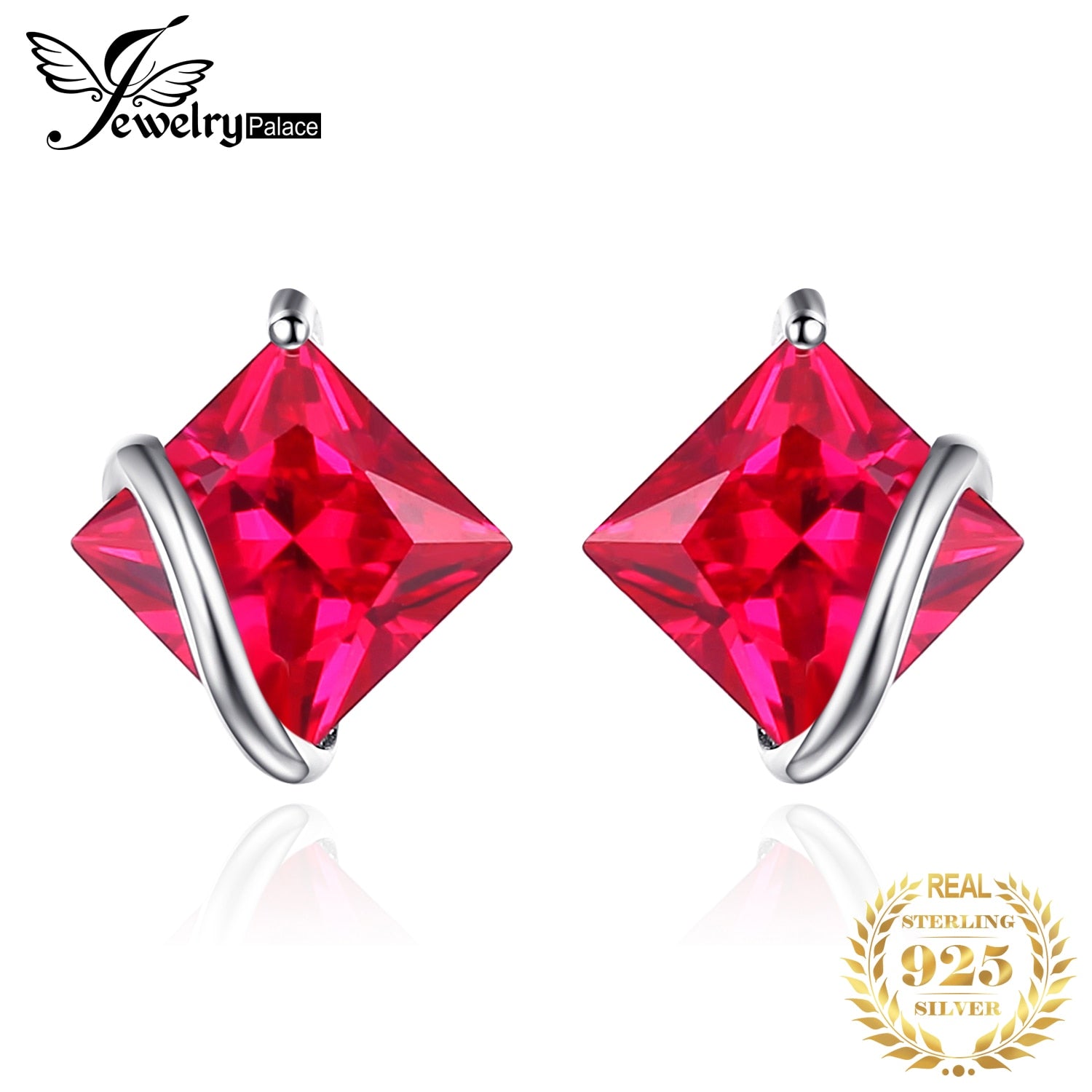 JewelryPalace Square Created Red Ruby 925 Sterling Silver Stud Earrings for Women Fashion Jewelry Gemstone Silver Earrings Default Title