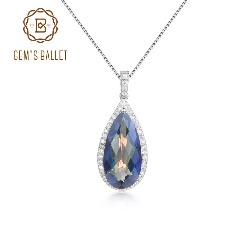 GEM&#39;S BALLET 7.89Ct 10x20mm Pear Shape Rainbow Mystic Topaz Gemstone Halo Pendant Neckace in Sterling Silver Gift For Her