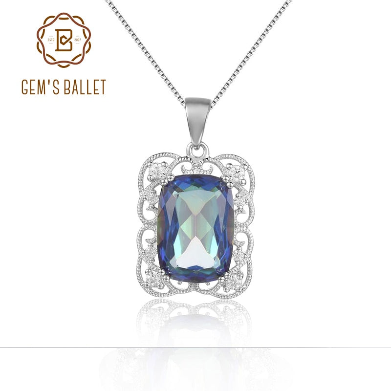 GEM&#39;S BALLET Delicate Lace Necklace 9.66Ct 10x14mm Cushion Fire Mystic Topaz Gemstone Pendant Neckace in Sterling Silver