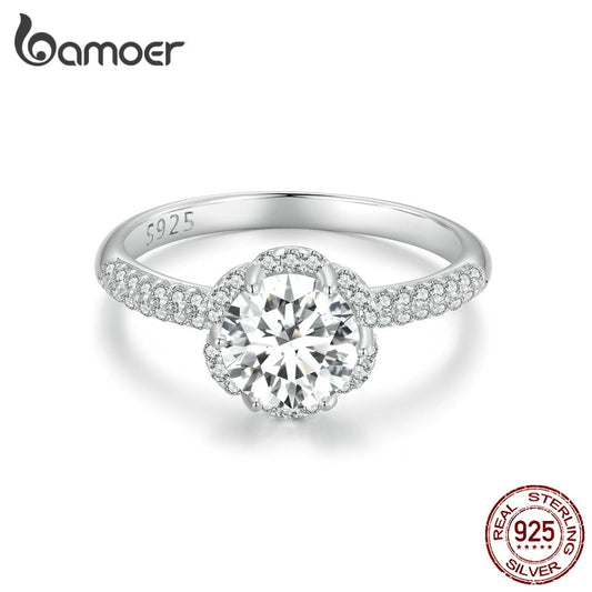 BAMOER 1.0CT D Color VVS1 EX Delicate Moissanite Ring Pave Setting CZ 925 Sterling Silver Ring for Women Engagement Wedding Gift